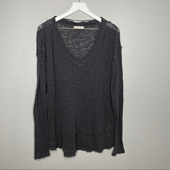 Free People V Neck Distressed Long Sleeve Top - Picture 2 of 5